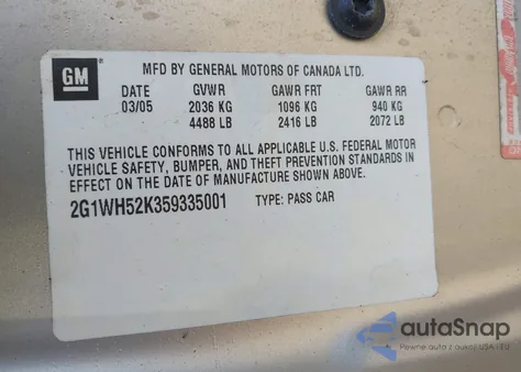 2005 Chevrolet Impala Ls из США, поврежденный, VIN 2G1WH52K359335001